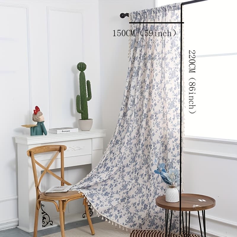 TEMU 1pc Of Blue Curtains With A Small Floral , Designed To Partially Block Out Light