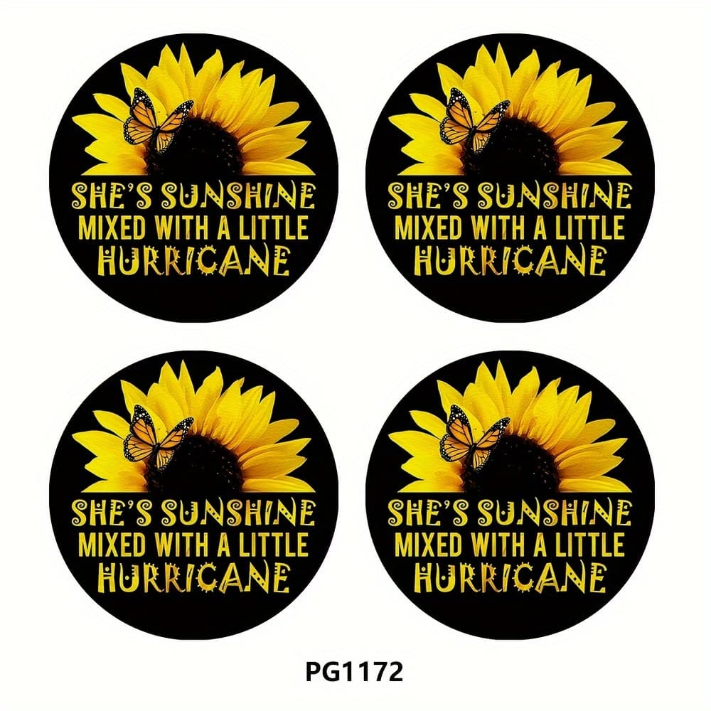 TEMU Set Of 4 Sunflower And Car Coasters, 2.75-inch Round Pu Leather Decorative Mats For And Home, Drink Coasters, Unisex Car Interior Additions With Inspirational Sunflower Quotes
