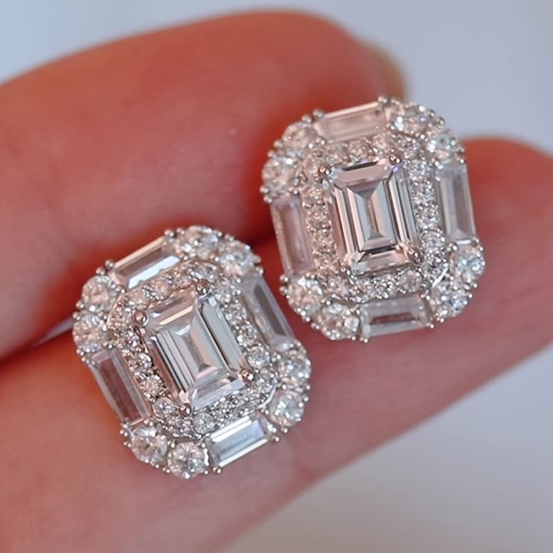 TEMU Elegant Sexy Inlaid Rectangular Zirconia Stud Earrings Bridal Wedding Jewelry Anniversary Vacation Outfit Accessory Valentine's Day Gift For Lover ()