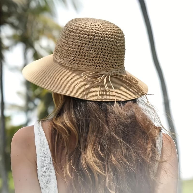TEMU Women's Wide-brim Straw- Hat, Lightweight, Breathable And Foldable, With Drawstring And Chin Strap, Perfect For Outdoor Travel And Summer.