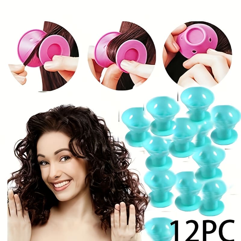 TEMU 12pcs Pink, Light Blue Mushroom Hair Rollers Manual No-heat Hair Curler Suitable For All Hair Types - No-heat Hair Curler For Perm Styling