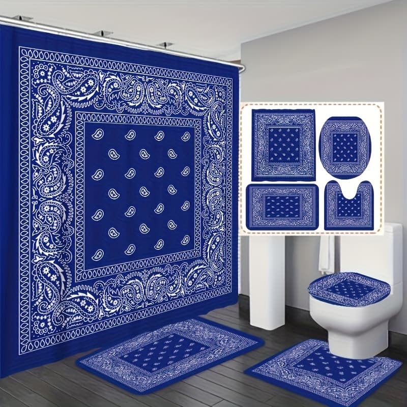 TEMU Set Of 4 Bathroom Shower Curtains, Stylish Shower Curtain Sets Including A, Modern , Complete With 12 Hooks, A, A U-shaped, And A Toilet Seat Cover, Perfect For Home Decor And Accessories.