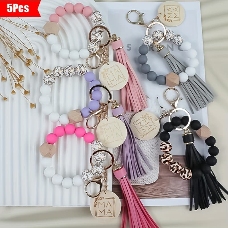 TEMU 5pcs/set With Mama Lettering Wooden Pendant, Beaded Tassel, Anti Ring, Gift