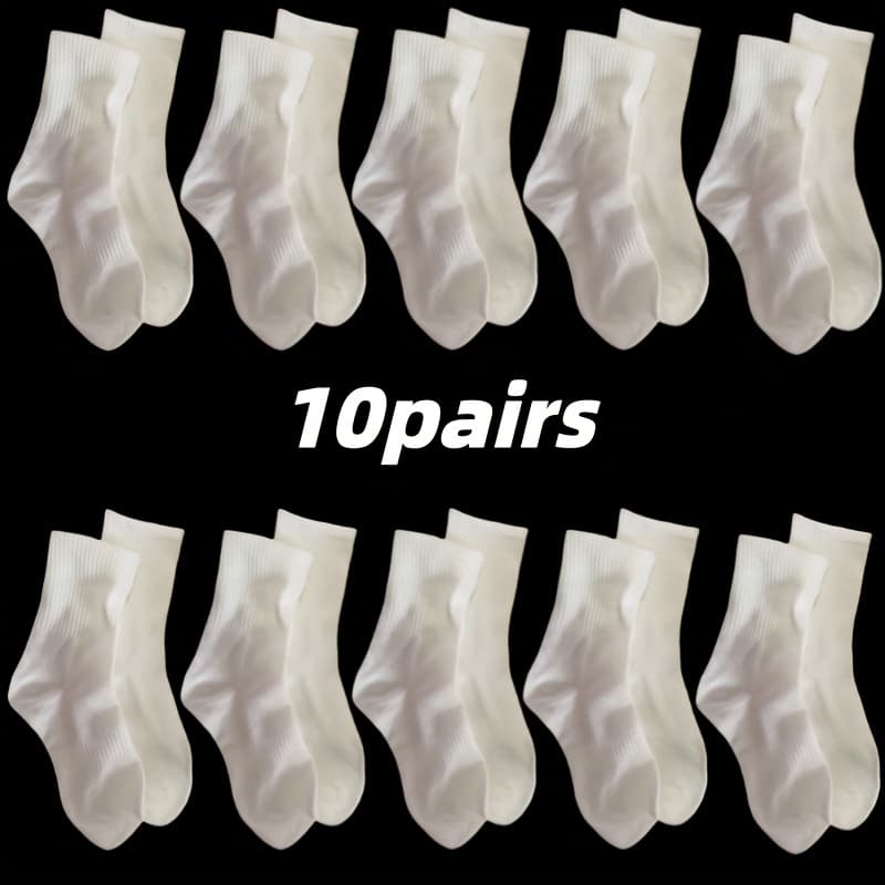 TEMU Men' Mid-calf Socks 10 Pairs - Comfortable White Casual Socks For Spring, Summer And Autumn