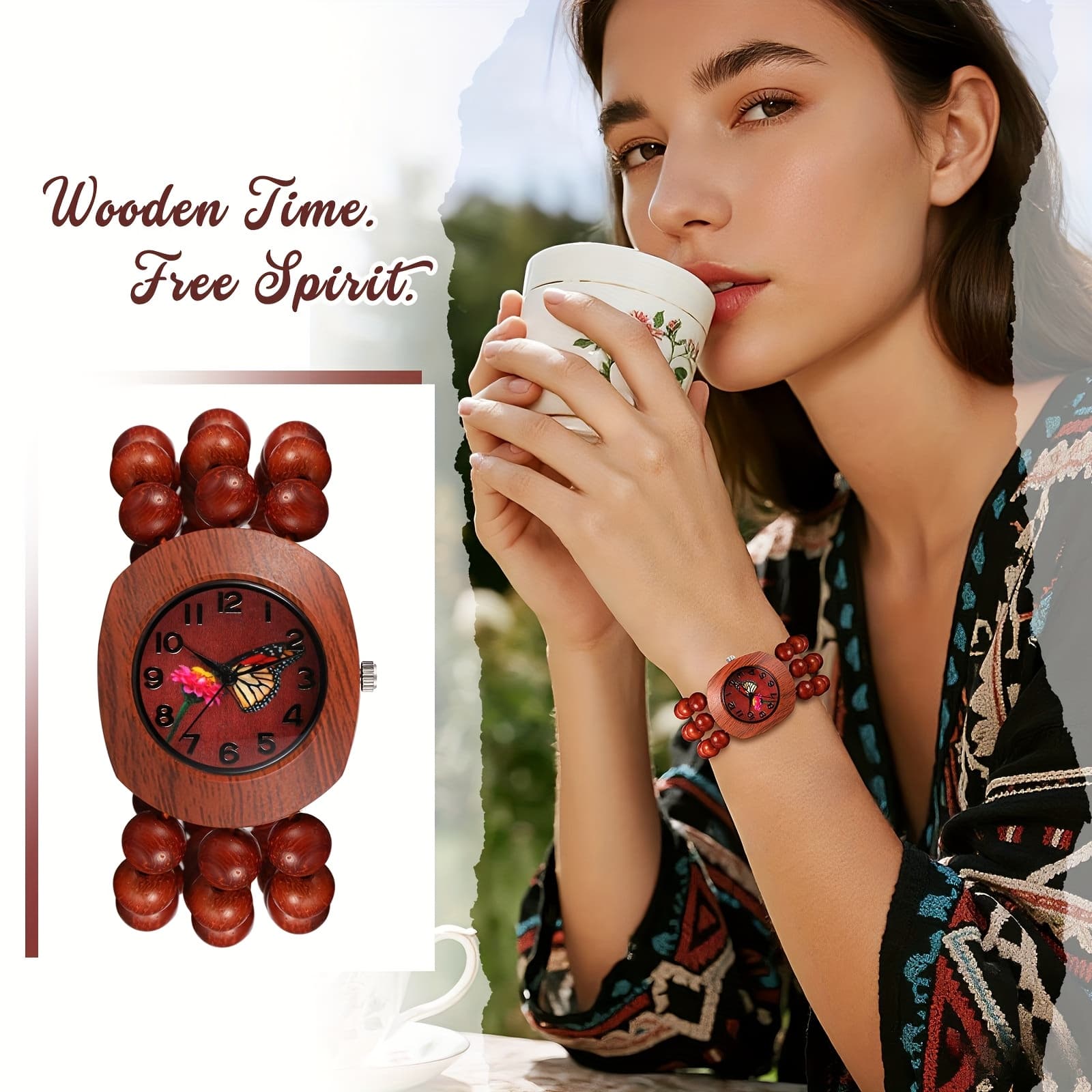 TEMU Women Wood Beaded Elastic Bracelet Band Watch Dial Arabic Quartz Boho Wristwatch