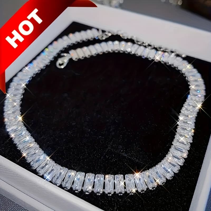 TEMU Stylish Rectangular Tennis Necklace, Perfect For Your Wife At A Party