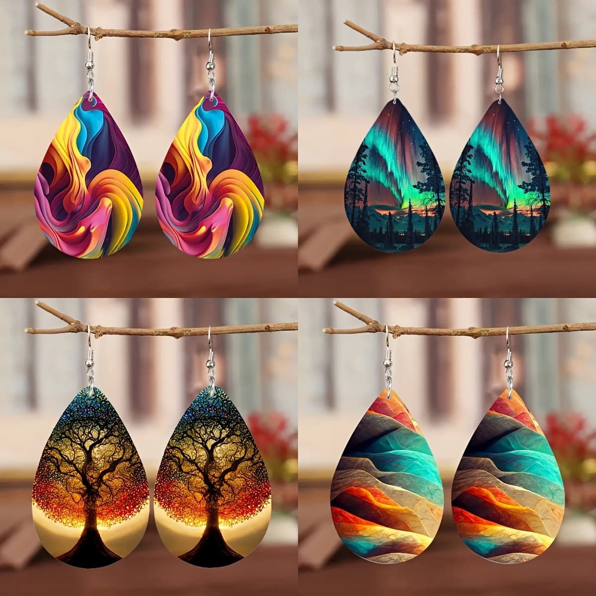 TEMU 4 Pairs Of Colorful Printed Floating Earrings, Elegant Bohemian Style Pu Leather Jewelry, Daily Leisure Parties