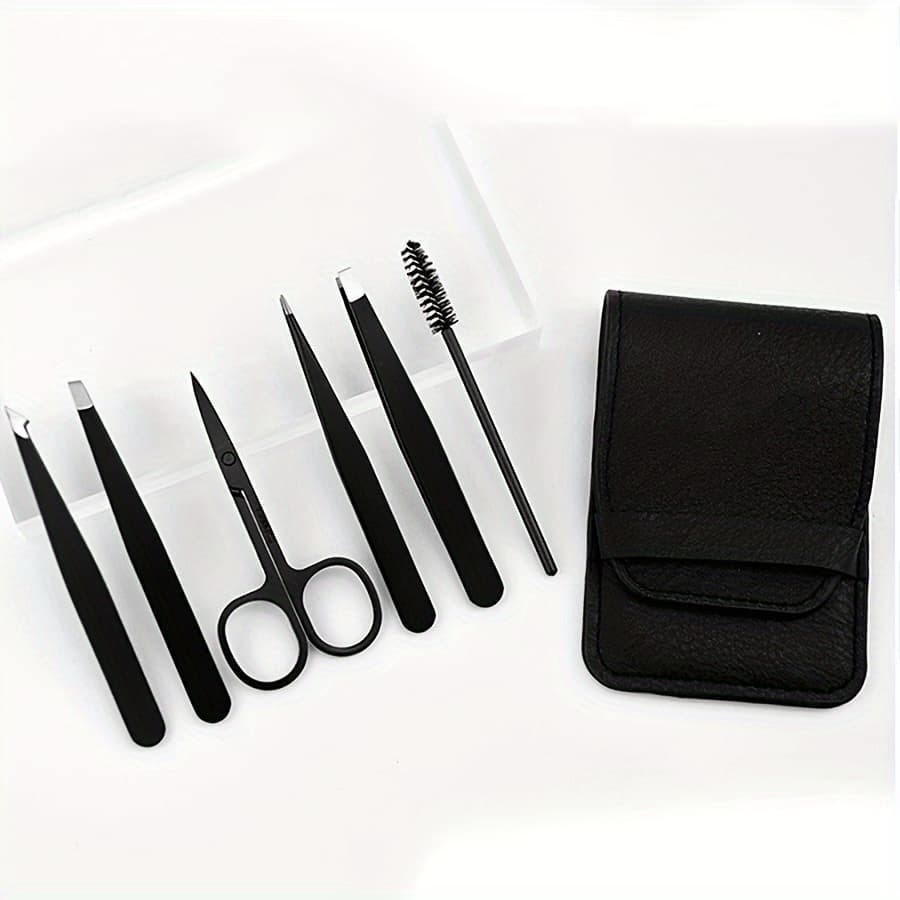 TEMU 6pcs/set Stainless Steel Black Eyebrow Tweezers Kit, Precision Tweezers, Multipurpose Hair Removers, Eyebrow Scissors, Beauty Tools