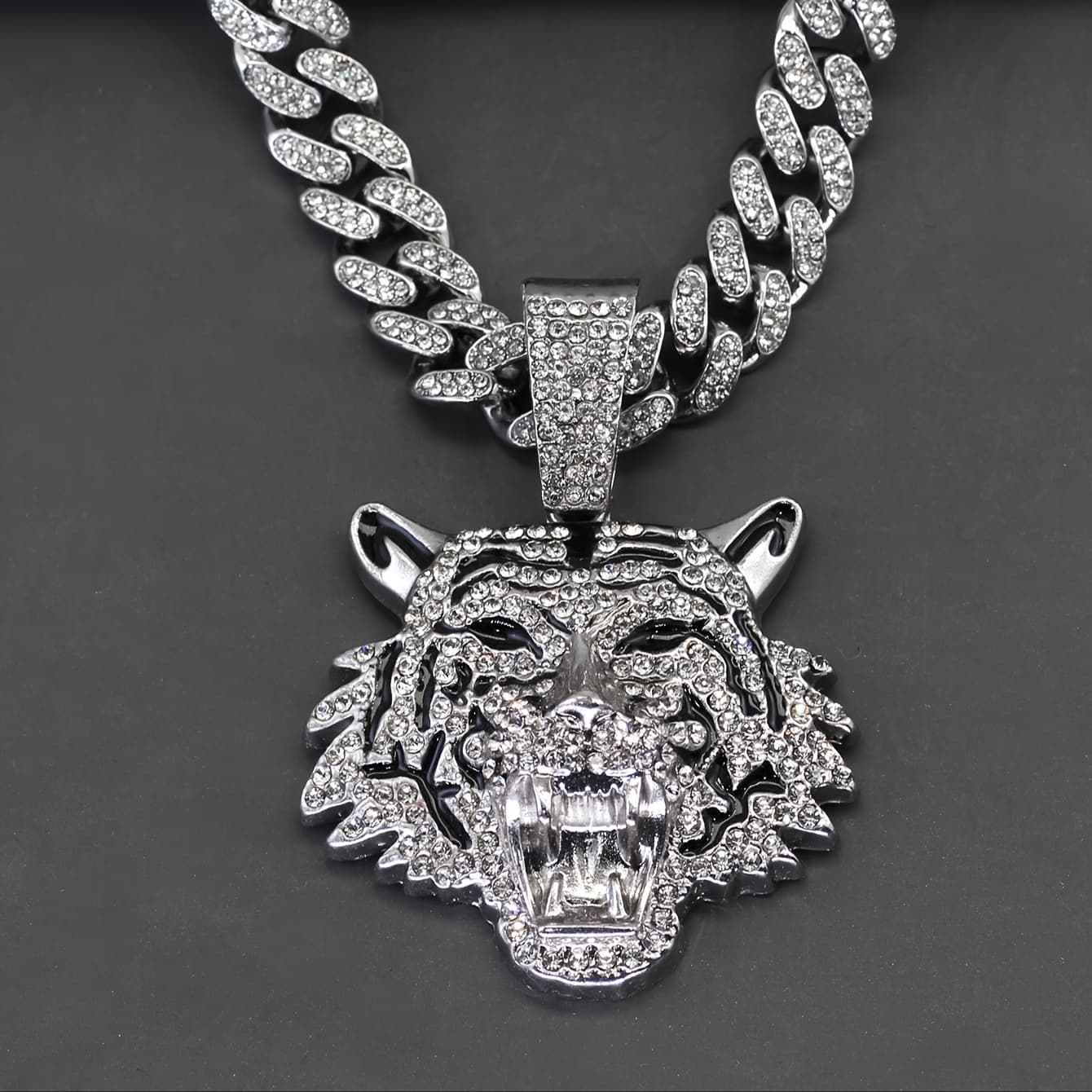 TEMU A Shiny Tiger Pendant With A Cuban Ice Chain, Unisex Hip-hop Pendant Necklace.