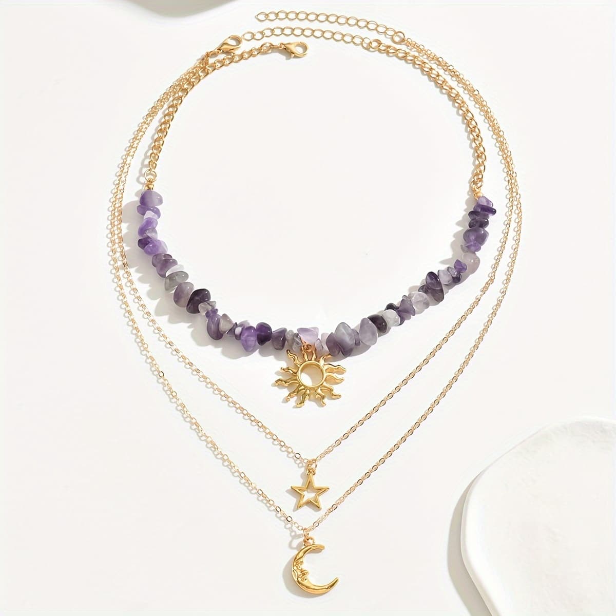 TEMU 2pcs Set Fashion Natural Stone Sun Pendant Necklace Women's Exquisite Jewelry Accessory (random Bead Quantity)
