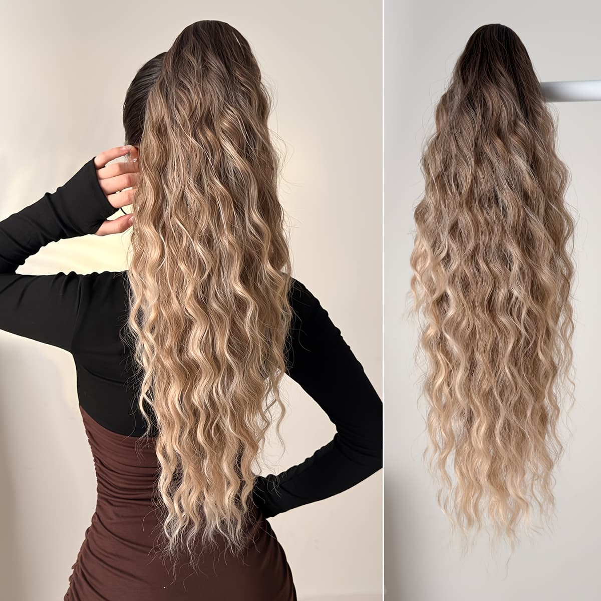 TEMU Drawstring Ponytail Extension Hair 28 Inch Ombre Long Water Wave Heat Resistant Fiber Synthetic Ponytail Hairpiece For Women Daily Used