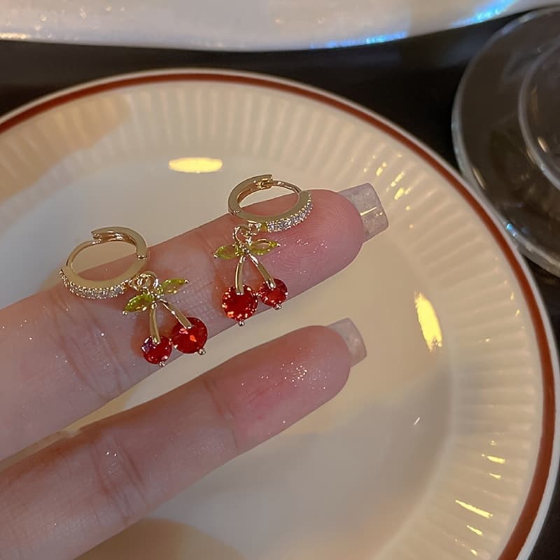 TEMU A Pair Of And Exquisite Cherry Earrings With Sparkling Rhinestones, Perfect For A Touch Of To Any Outfit
