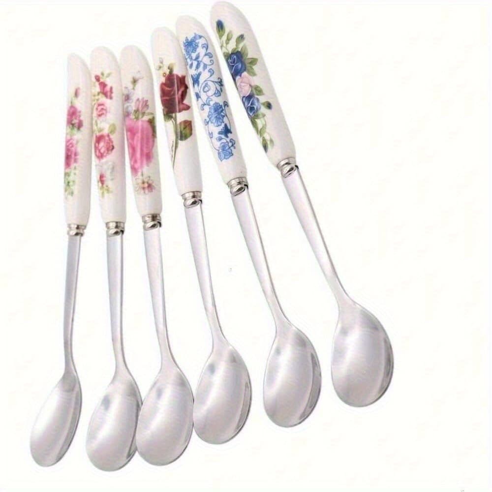 TEMU 6pcs Stainless Steel Coffee Spoons With Ceramic Handles - Suitable For Stirring, Sugar, Ice Cream, And Soups - And Dining Accessories