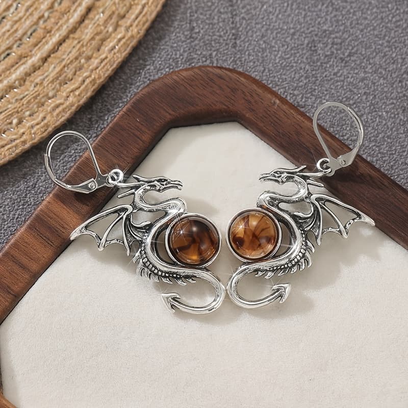 TEMU Women's Unique Drop Earrings Featuring A Dragon Pendant In A Silvery Hue With Synthetic Red Gemstones, Perfect For Holiday Parties