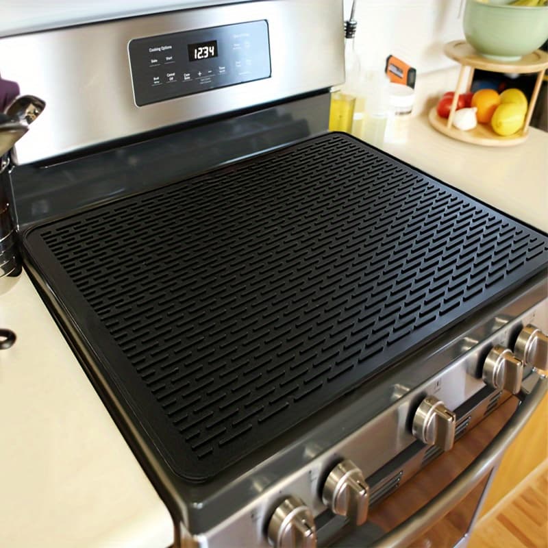 TEMU Silicone Stove Top Covers For Electric Stove, 28 X 20 Inch Heat Resistant Glass Top Stove Cover Protector Mat With Raised Line For Dish Drying, Black