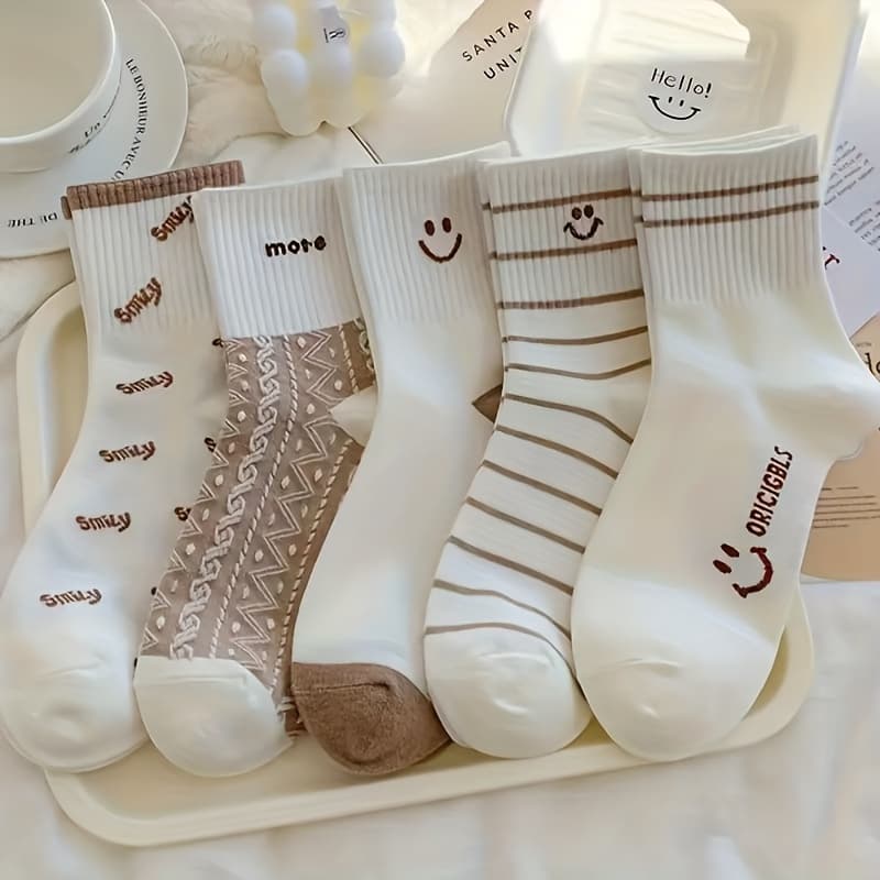 TEMU 5 Pairs Women's Mid-calf Socks - Happy Face And Striped Design, Ribbed Cuffs, Perfect For Casual Wear, Cute Socks