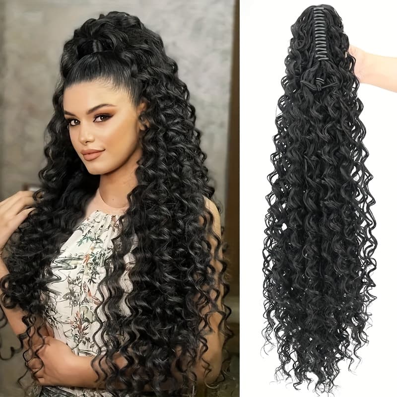 TEMU Women's Curly Wave Ponytail Wig - Claw Clip Synthetic Hair With Waves, Versatile Hairpiece