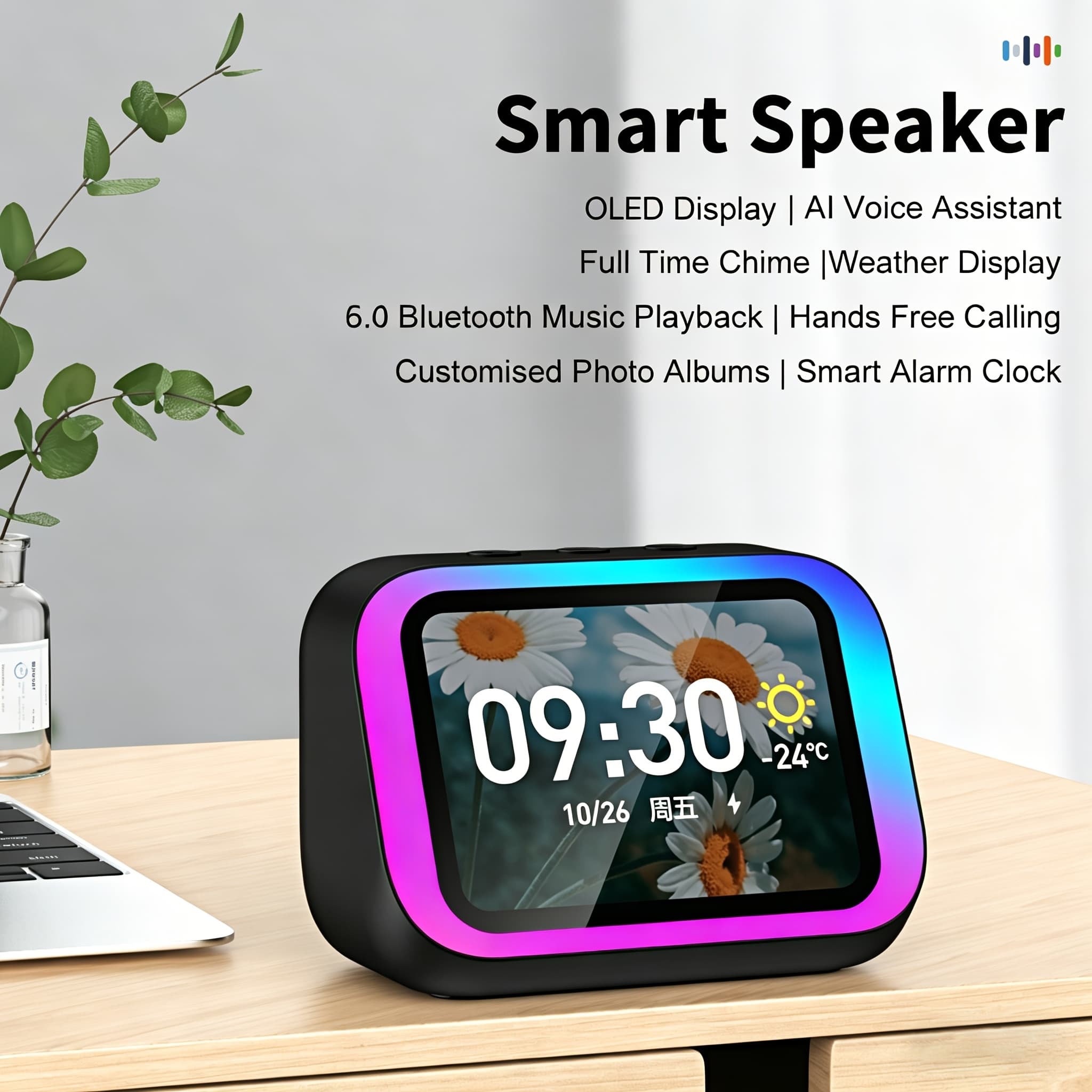 TEMU Ai Smart Speaker, Smart Alarm Clock With Wireless Speaker & Light, , Hd Smart Display, Answer/make Call, , Period , 2500mah Battery, Portable Speakers - Charging Bedside Digital Clock