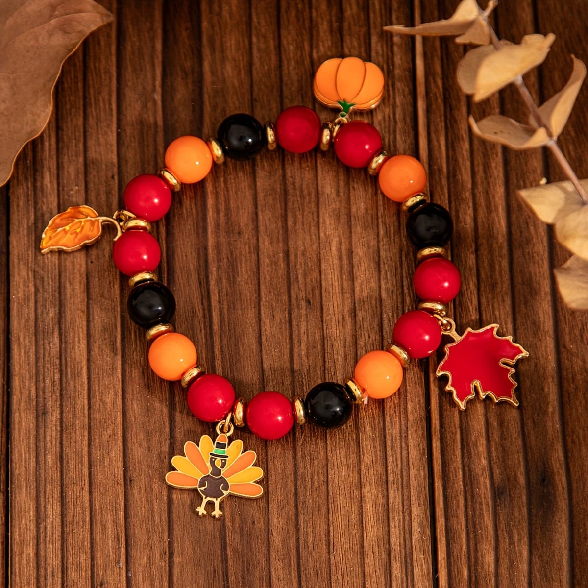 TEMU 1pc Thanksgiving Creative Maple Leaf Pendant Alloy Bracelet, Letter Pumpkin Turkey Beaded Bracelet, Stretch Bracelet, Daily Party Holiday Gift Jewelry Accessory