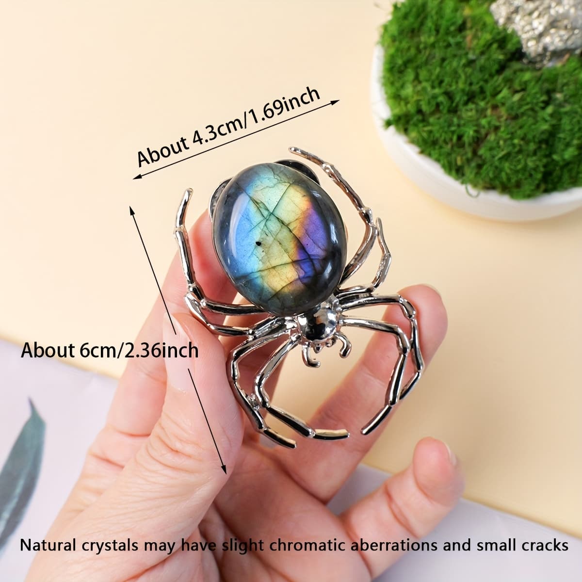 TEMU 1pc Runyangshi Vintage Labradorite Crystal Ornament – Intricate Metallic Wire-wrapped Design, Gray Craft For Home Or Office Decor, Unique Holiday Gift Idea
