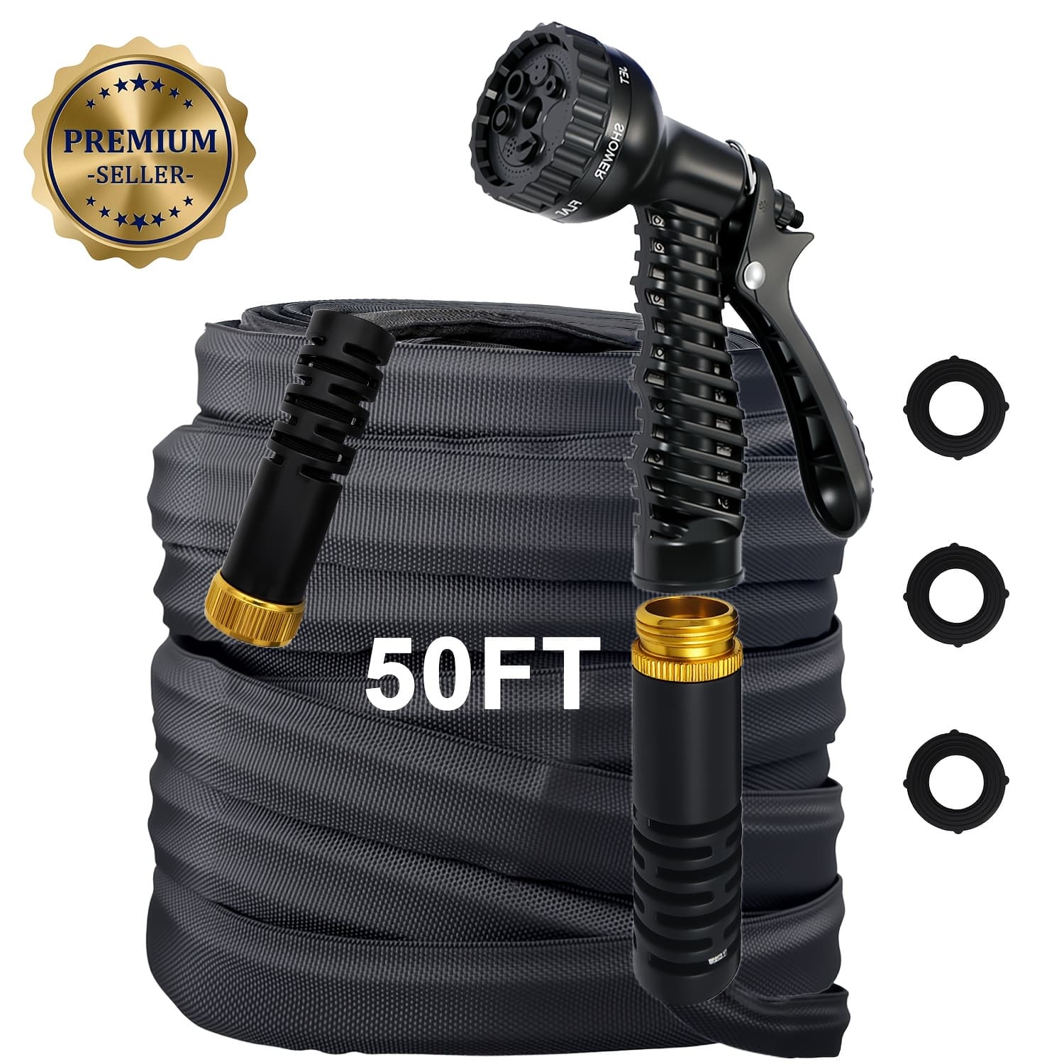TEMU Lightweight Flat Garden Hose - Super Flexible, Kink Free, With 7 Spray Pattern Nozzle For Yard, Lawn And Outdoor Watering