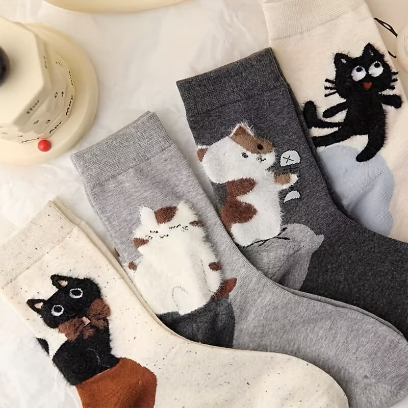 TEMU 4-pair Autumn New Arrival Simple And Cartoon Cat Heel With Kitten , Ins-style Mid-calf Socks
