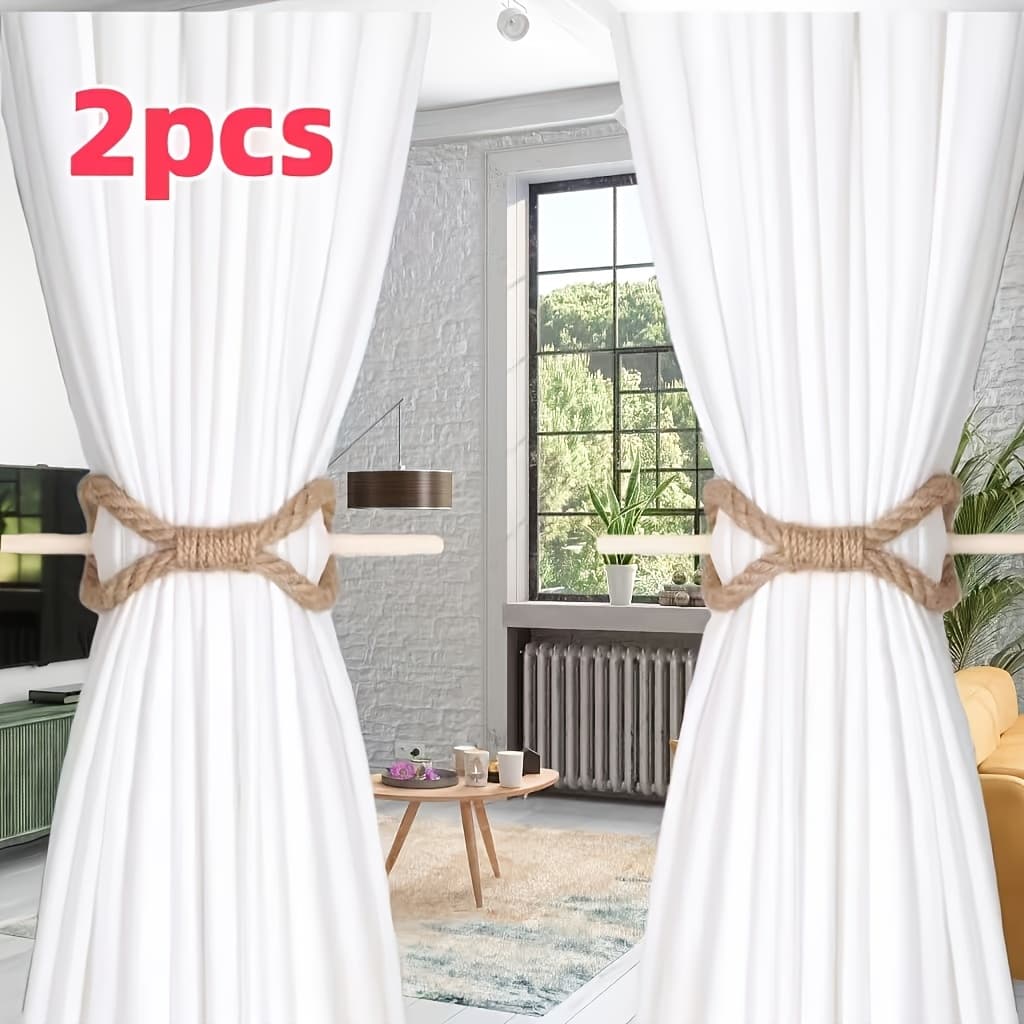 TEMU 2pcs Nordic Style Solid Wood Sticks, Coarse Rope And Hemp Rope, For Easy Curtain Fixation, Suitable For Bedroom, Living Room Decorative Curtain Rope, Curtain , Home Decoration