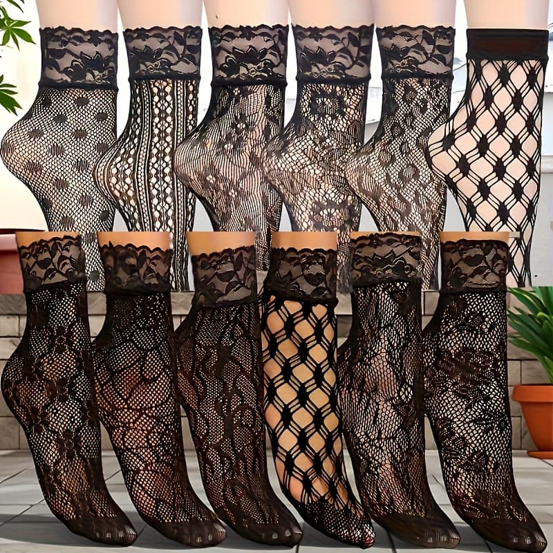 TEMU 12 Pairs Women's Black Short Fishnet Socks With Lace Floral Pattern Thin And Breathable Sheer Short Socks, Stockings