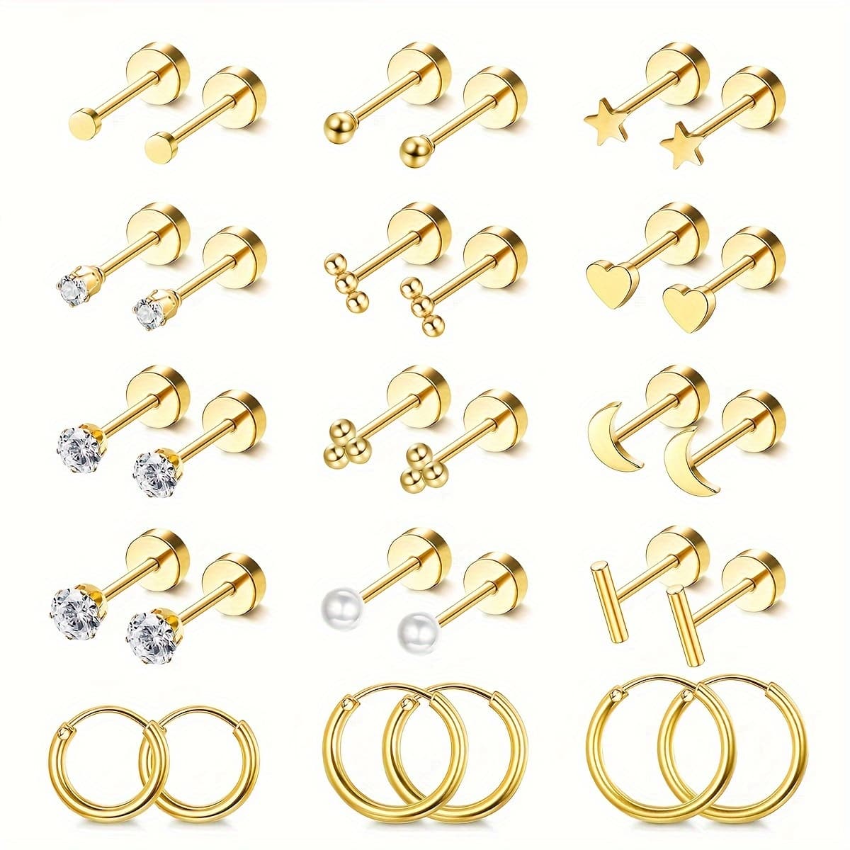 TEMU 2d Flat - 15 Pairs Small Flat Back Stud Earrings For Women Men 14k Golden Plated Earring Sets Hypoallergenic Tiny Screw Back Cartilage Earring Small Hoops 8-12mm