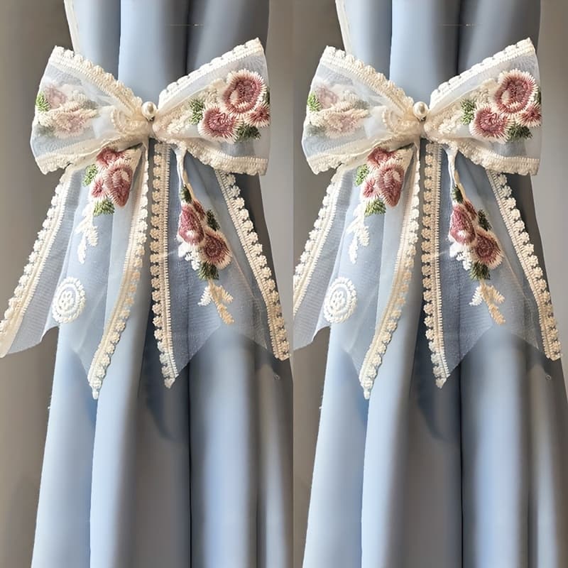 TEMU 2pcs Embroidered Rose Pearl Lace Bow Curtain Tiebacks, No-drill Adjustable Curtain Holdbacks, Elegant Vintage Window Decor For Home