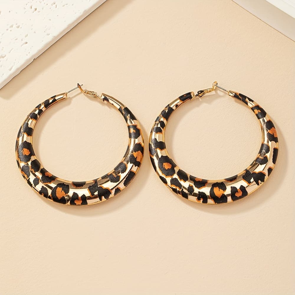 TEMU A Set Of Chunky Hoop Earrings Featuring A Leopard Print Design And A Vintage Bohemian Style, Casual Outfits