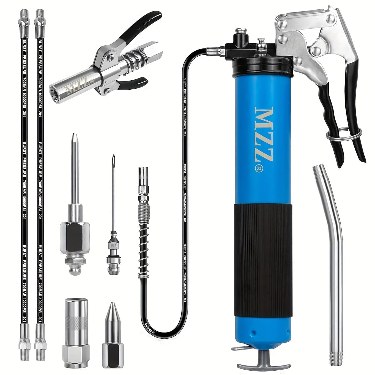 TEMU Grease Gun, 7000 Psi Heavy Duty Professional Grease Gun Kit With Double Grease Injector Needle And 18" & 2pcs 12" Flex Hose, 14oz