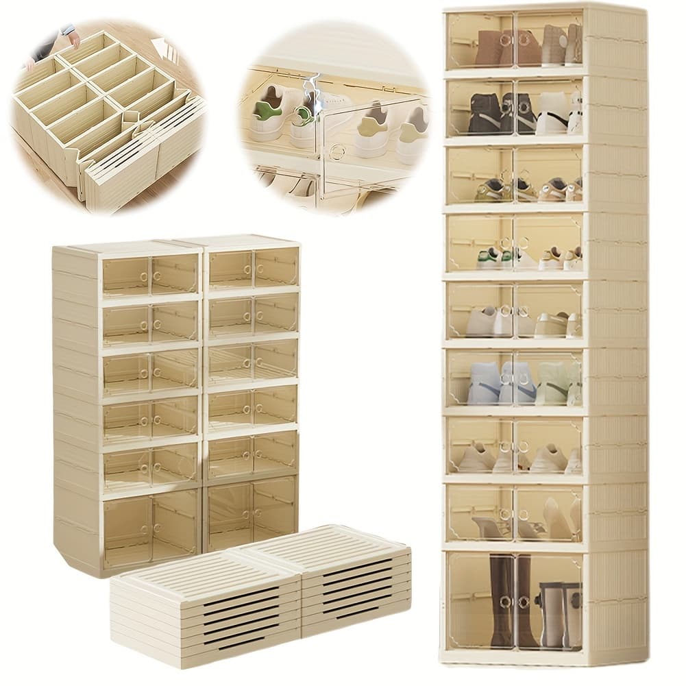 TEMU Clear Shoe Storage Cabinet Foldable 9 Layers Shoe Container Box Easy Assembly Stackable Shoe Rack Organizer With Lids Stackable Sneaker Storage Shoe Cabinet