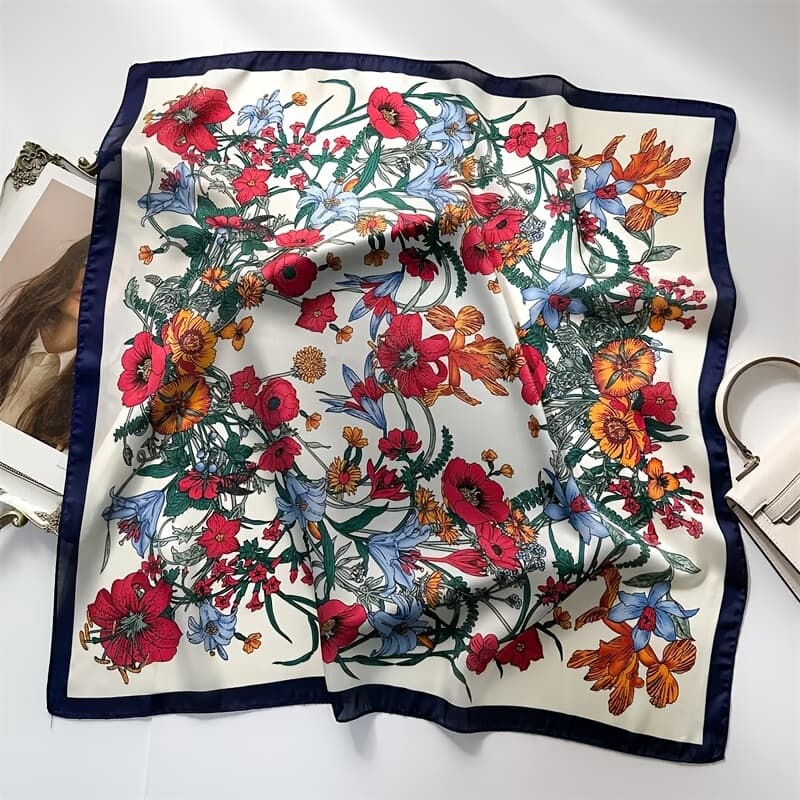 TEMU New Women's Floral Print 70cm Satin Square Scarf, Fashionable And Versatile, Perfect For Neck, Hair, And Shoulder Accessories, Soft And Y Texture