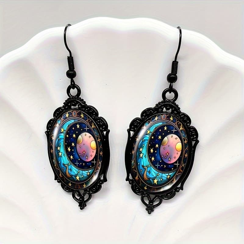 TEMU A Pair Of Black Lace Earrings Featuring The Sun, Moon, And Stars, Perfect As A Gift For A Friend