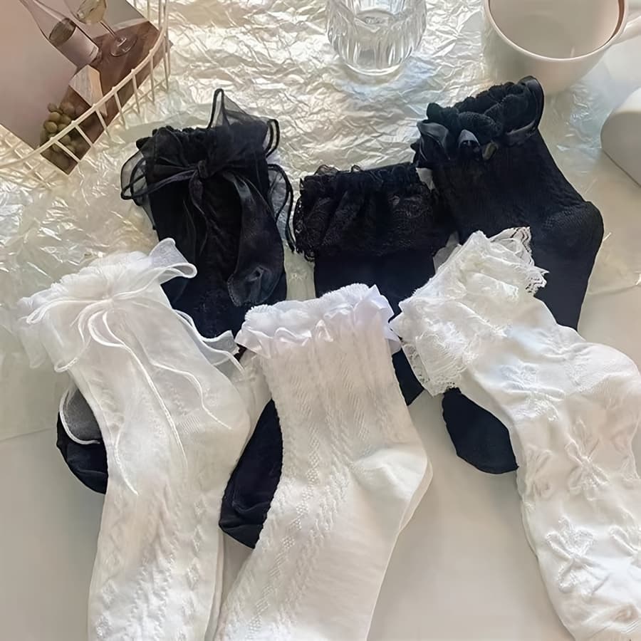 TEMU 6pairs Women's Bow Decor Socks For Daily Life White Socks