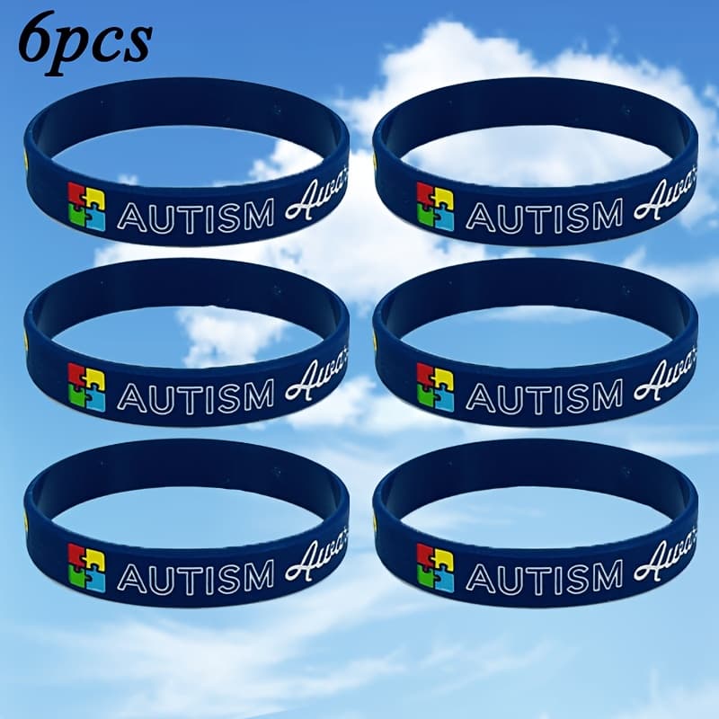TEMU 6-pack Unisex Silicone Wristbands For Autism Awareness, Funky Puzzle Design, Blue, Non-magnetic, Uncharged - Gift For