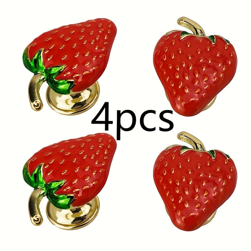 TEMU 4 Fruit Shaped Cabinet Knobs - Vibrant Red With Green Leaf Design, Alloy Metal, Perfect For Dressers, Wardrobes And Kitchen Drawers, Home Decor Hardware | | Durable Alloy, Fruit Decoration
