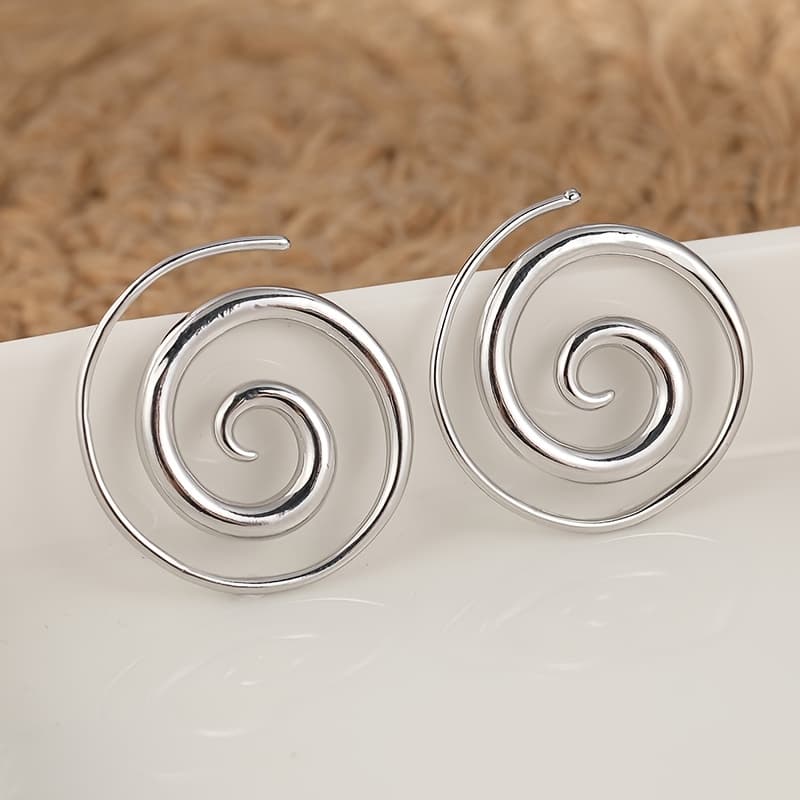 TEMU Vintage Boho Copper Spiral Earrings, Silvery Colour Women's Earrings, 1.25" Hoop, For Daily Wear & Gift-, Christmas Season Versatile Jewelry Accessories