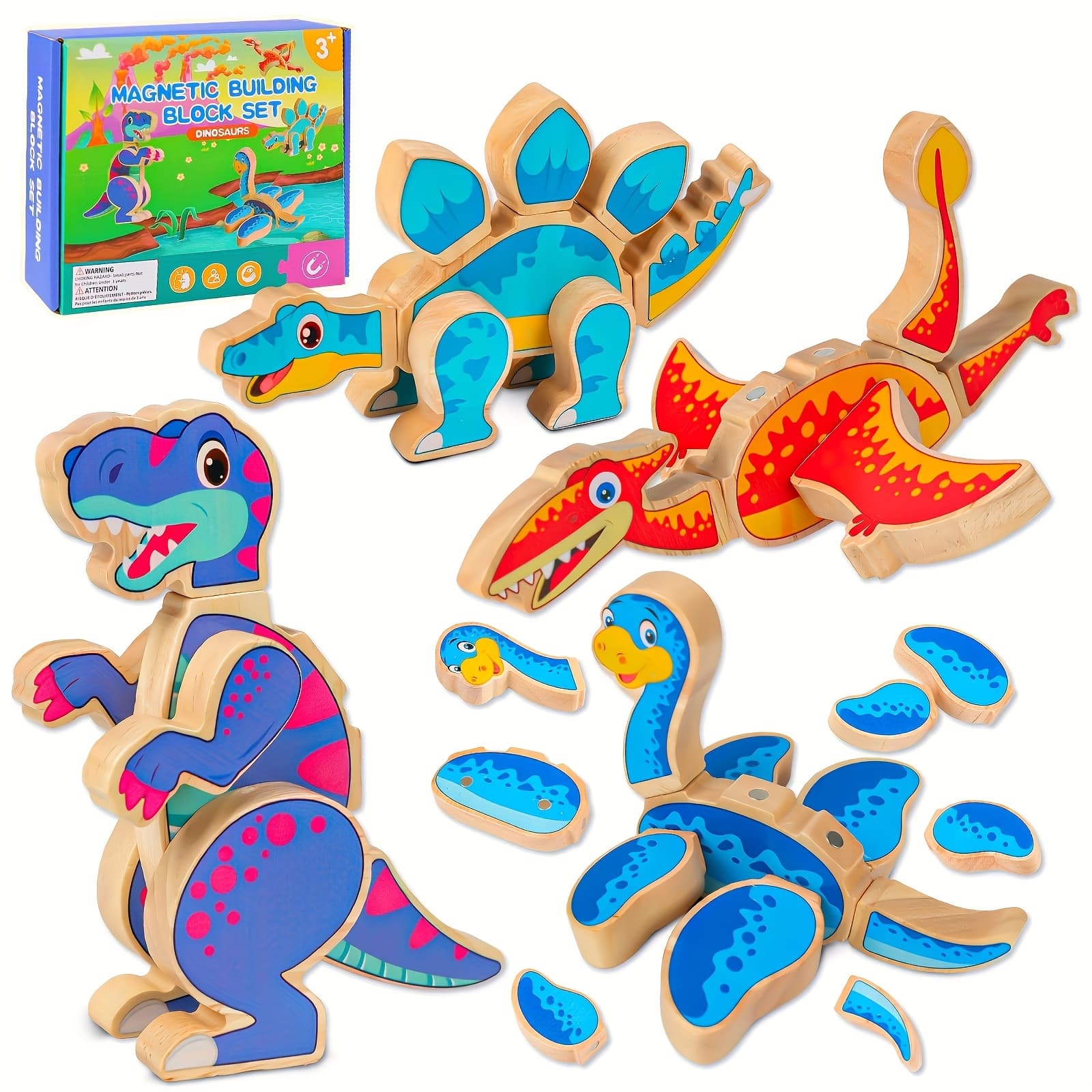 TEMU Dinosaur Building Blocks Set, Wooden Dino Blocks, Magnetic Dinosaur , Stem Take Apart Dinosaurs Playset, Motor Skills Toy Gift For 3 Years Above Kids