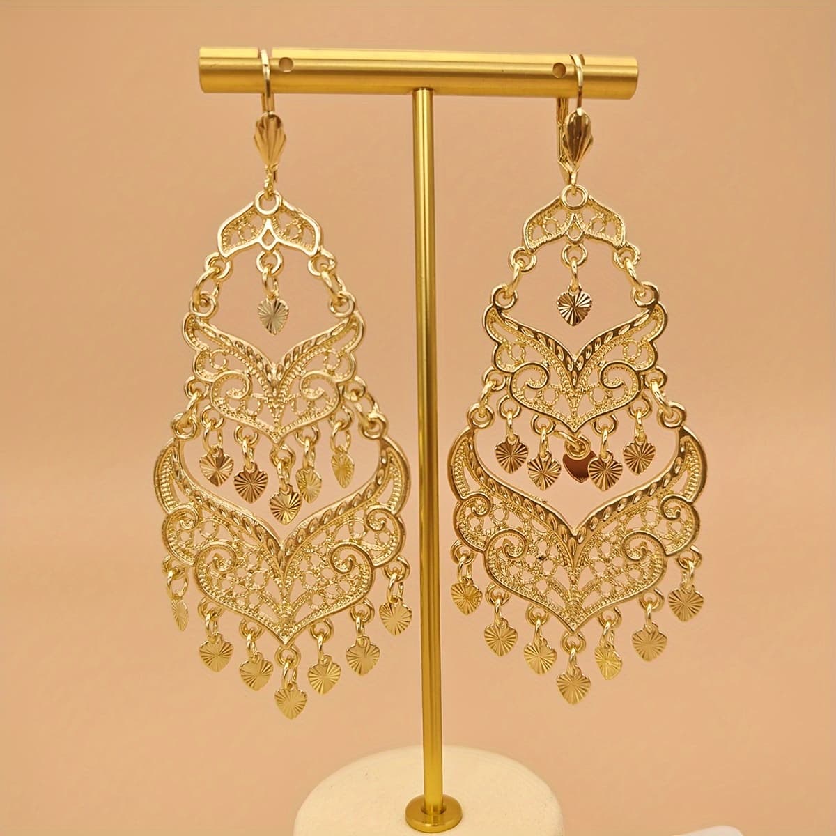 TEMU 1 Pair, Women's Fashion Dropping Earrings, Retro Large Tassel Long Dropping Metal Hollow, Banquet Festival Celebration, Middle East