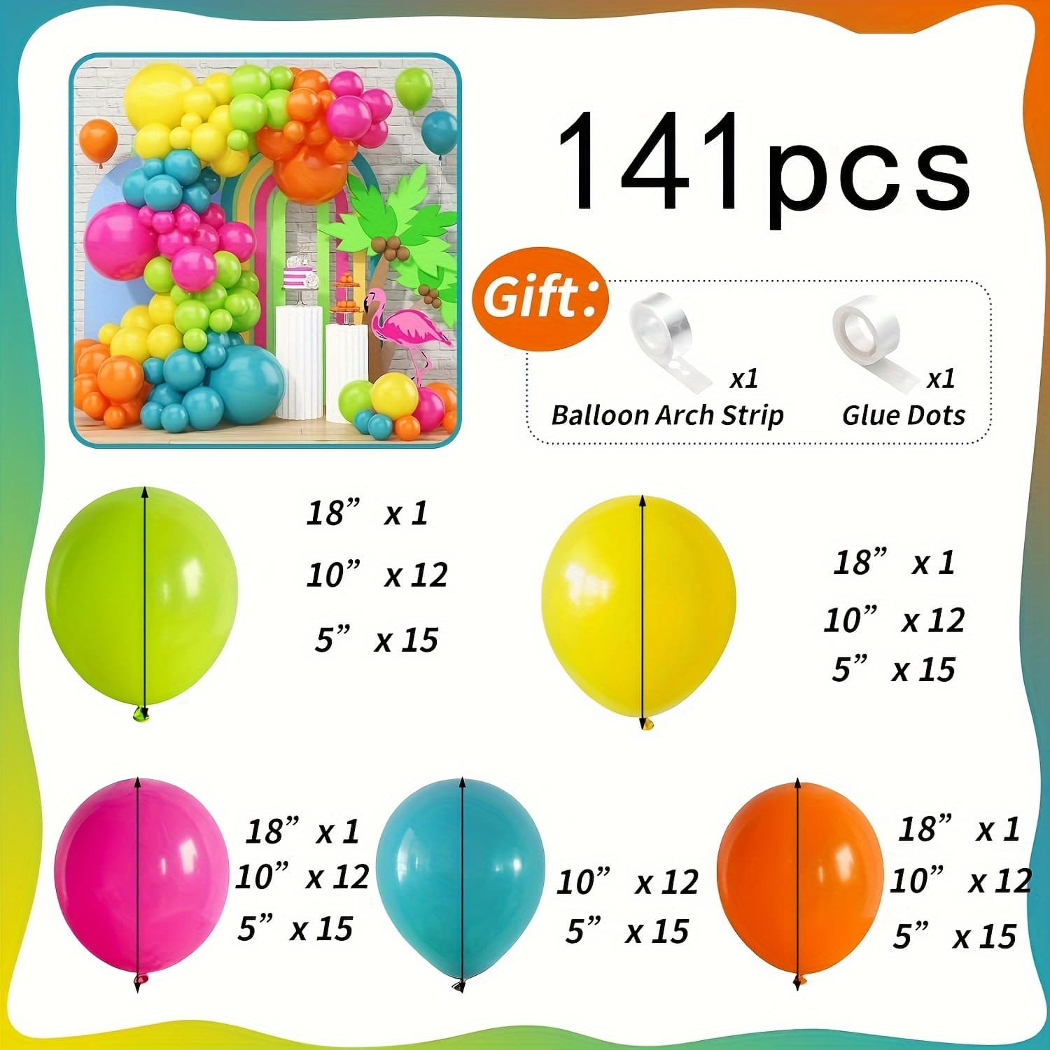 TEMU Summer Tropical Balloon Arch Kit, 141pcs Orange Lime Green Teal Blue Yellow Latex Rainbow Balloon Garland Kit For Aloha Birthday Baby Shower Pool Party Decorations