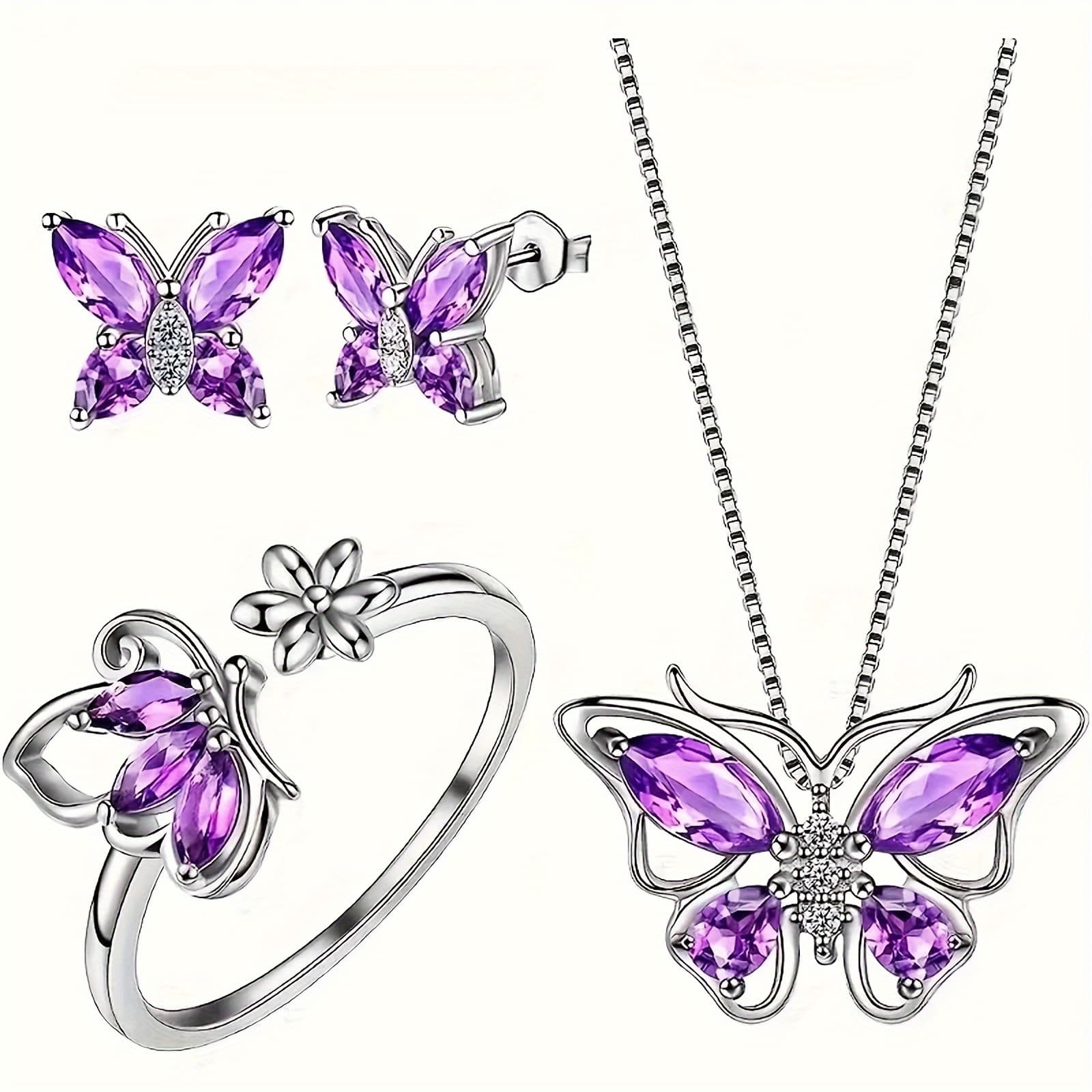 TEMU Birthstone Jewelry, Women 925 Sterling Silver Butterflies Birthstone Pendant Necklace/earrings/rings Wedding Gift