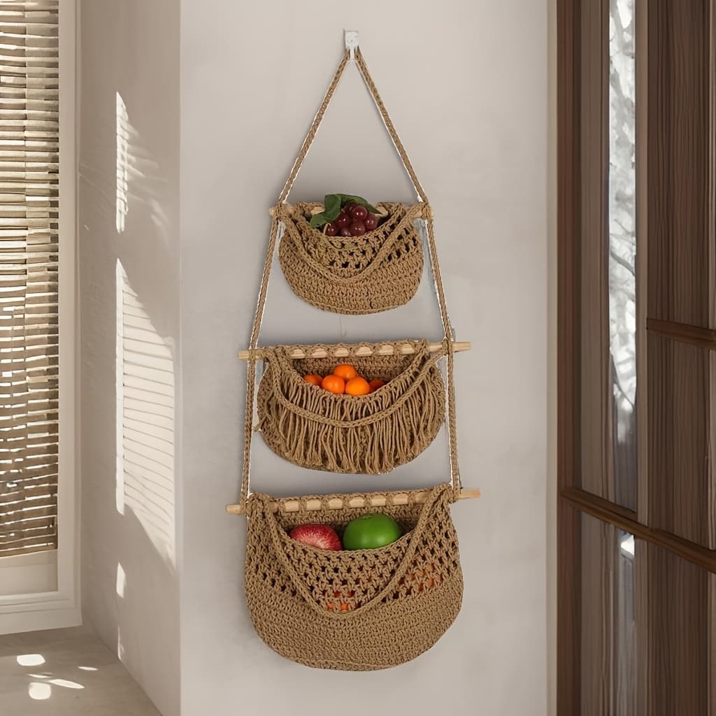 TEMU [versatile Bohemian Chic Decor] 3-tier Bohemian Chic Wall Hanging Storage Basket - Rope Organizer With For Fruits, Vegetables, And More - Versatile Home Decor With Rustic Charm And Space