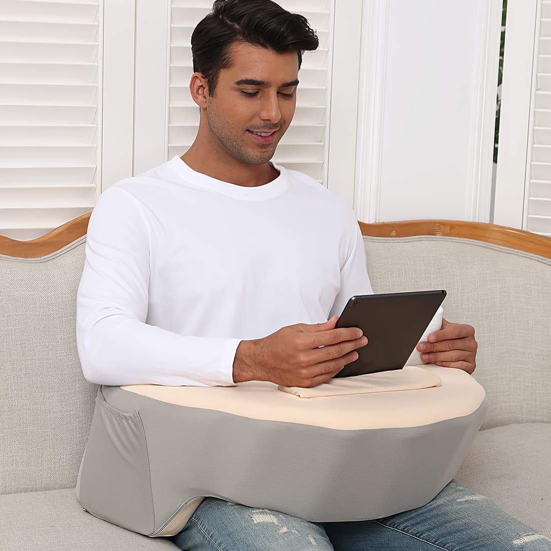 TEMU Reading Pillow Gaming, Lap Desk Arm Rest Pillow With Washable Cover, With 2 Side Pokets & Cup Holder Gaming, Reading, Camping, Working On Bed Sofa Floor Pillow