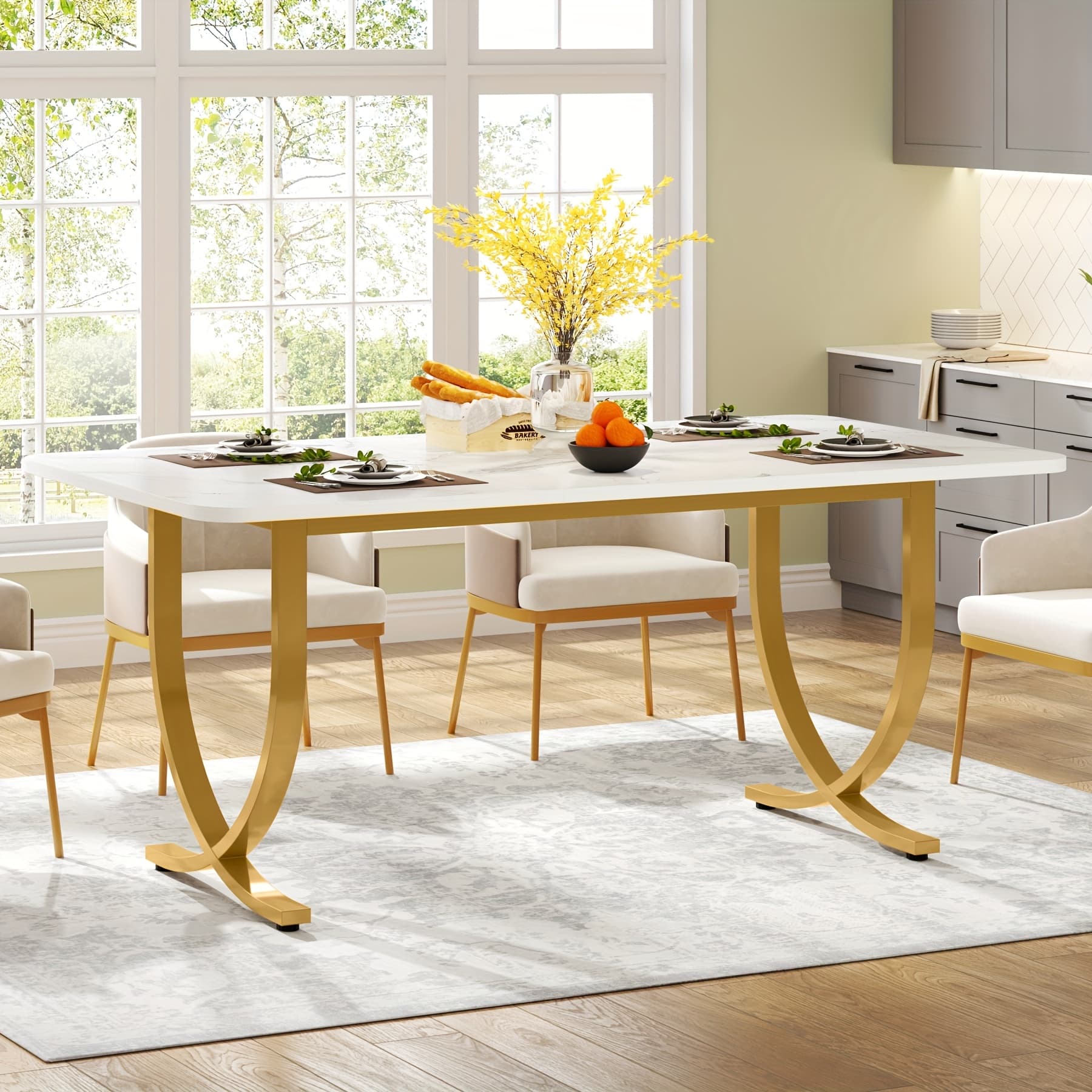 TEMU Designed For 4 To 6: Rectangular Dining Table Measuring 63-inch In White And Golden, Featuring Marble Table Top With Metal Legs, Versatile For Use In Dining Room, Kitchen Or Living Room