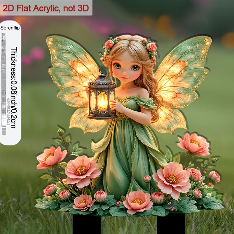 TEMU 2d Flat - 【2d Flat】 1pc 2d Flat Acrylic 9.06 In Garden Stake With Pointed Design A Fairy With A Lantern And Flowers For Decorating Lawns And Potted Plants, For Outdoor Decor And Ornaments