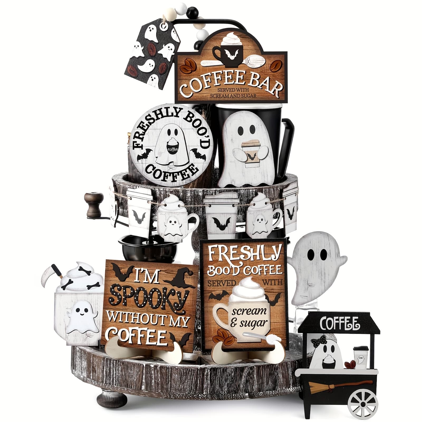 TEMU 19pcs Halloween Tiered Tray Decor Coffee Decorations Wooden Signs And Bead Garland Farmhouse Rustic For Home Table Party Supplies, Black, White