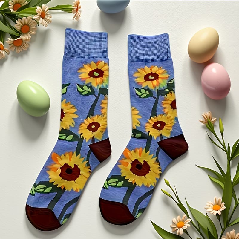 TEMU 1 Pair Of Valentine's Day Sunflower Cartoon Printed Stockings, Fashionable And Comfortable -catching Socks
