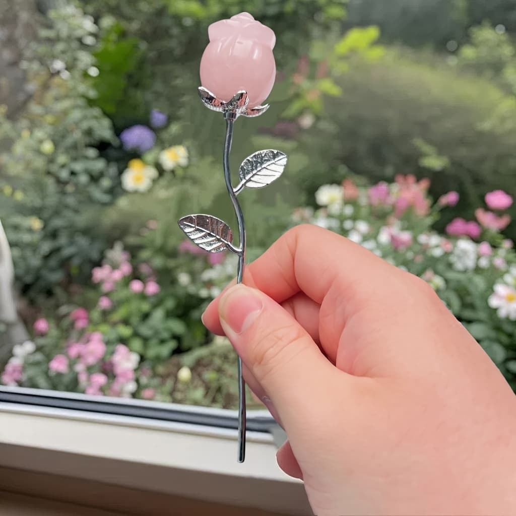 TEMU 1pc Natural Stone Quartz Rose Flower Silvery Branch Leaves Decor Holiday Gift Loose Gemstone